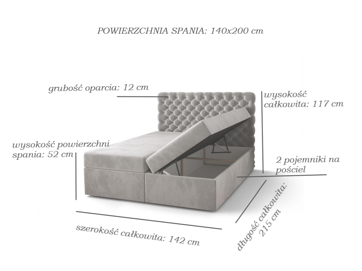 Pikowane Łóżko Kontynentalne 140x200 Styl Chesterfield + 2 Pojemniki Na Pościel + 2 Materace Bonell - Wybór Kolorów - SEMPRE