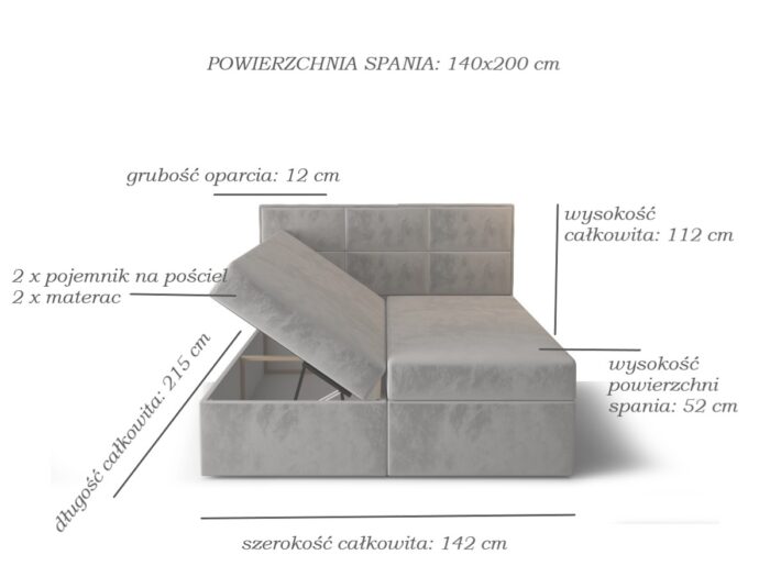 Komfortowe Łóżko Kontynentalne 140x200 + Duże Panele Jako Oparcie + 2 Pojemniki Na Pościel + 2 Materace Bonell - Wybór Kolorów - MILTON