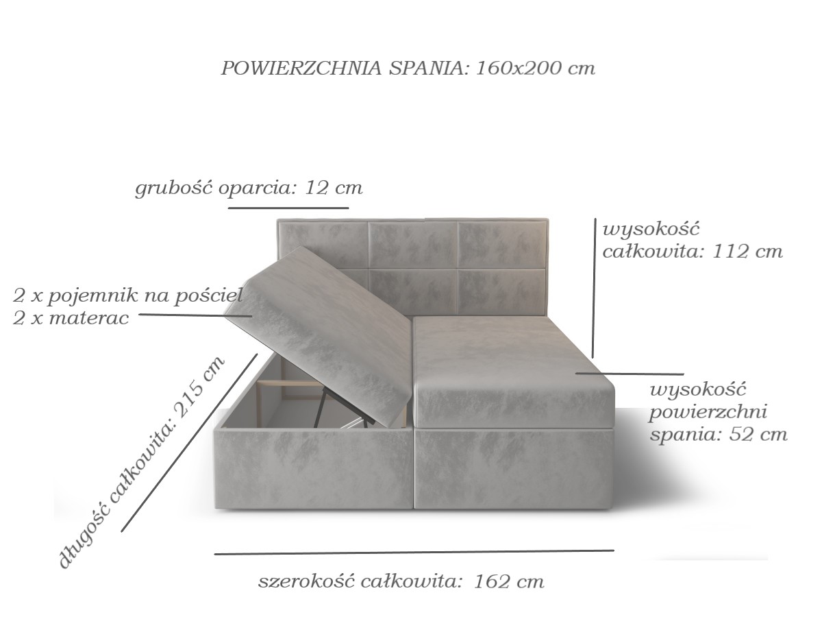 Komfortowe Łóżko Kontynentalne 160x200 + Duże Panele Jako Oparcie + 2 Pojemniki Na Pościel + 2 Materace Bonell - Wybór Kolorów - MILTON
