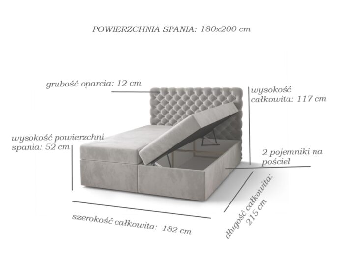 Pikowane Łóżko Kontynentalne 180x200 Styl Chesterfield + 2 Pojemniki Na Pościel + 2 Materace Bonell - Wybór Kolorów - SEMPRE