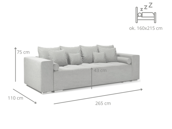 4-Osobowa Kanapa 265 CM Sofa Rozkładana Wolnostojąca Na Sprężynach Bonellowych + Wybór Kolorów - TILIA