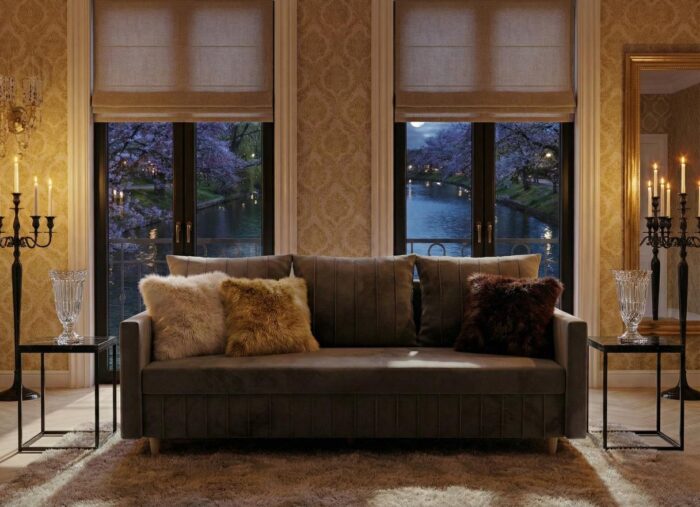 Aranżacja kanapy nocą szara sofa rozkładana 224 cm Watson