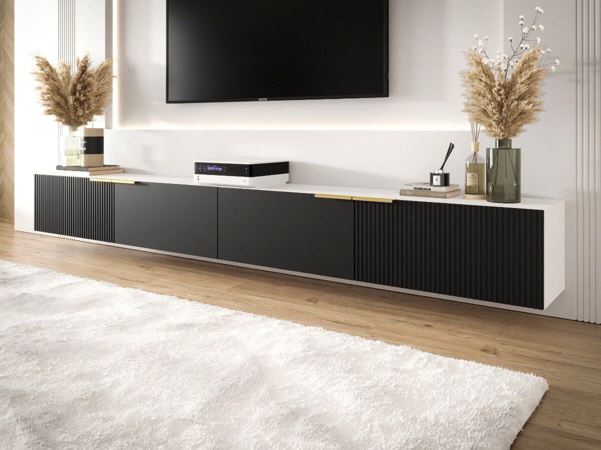 designerski-zestaw-rtv-300-mebloscianka-do-salonu-biala-czarna-nowoczesna-frezowane-lakierowane-fronty-mdf-glamour-CAPRI-a Zestaw RTV Z Lamelami 220 CM - Meblościanka Wisząca - Szafki Modułowe + Fronty Frezowane Lakierowane CAPRI - OFERTA MAGAZYNOWA - WYSYŁKA 24H