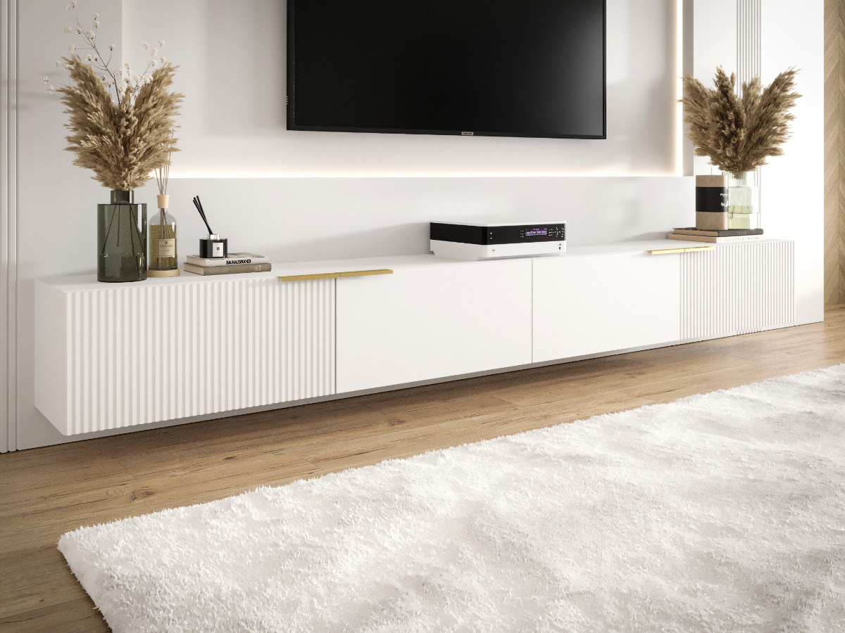 designerski-zestaw-rtv-300-mebloscianka-do-salonu-biala-czarna-nowoczesna-frezowane-lakierowane-fronty-mdf-glamour-CAPRI Biały Zestaw Szafek RTV 300 CM Meblościanka Nowoczesna Wisząca Meble Modułowe Do Salonu+ Fronty Frezowane Lakierowane MDF 18 MM + Wybór Wzorów CAPRI