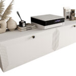 Szafki RTV Białe 150 CM Wiszące 2 Sztuki Modułowe + Fronty Frezowane Lakierowane MDF - EVORA - OFERTA MAGAZYNOWA - WYSYŁKA 24H