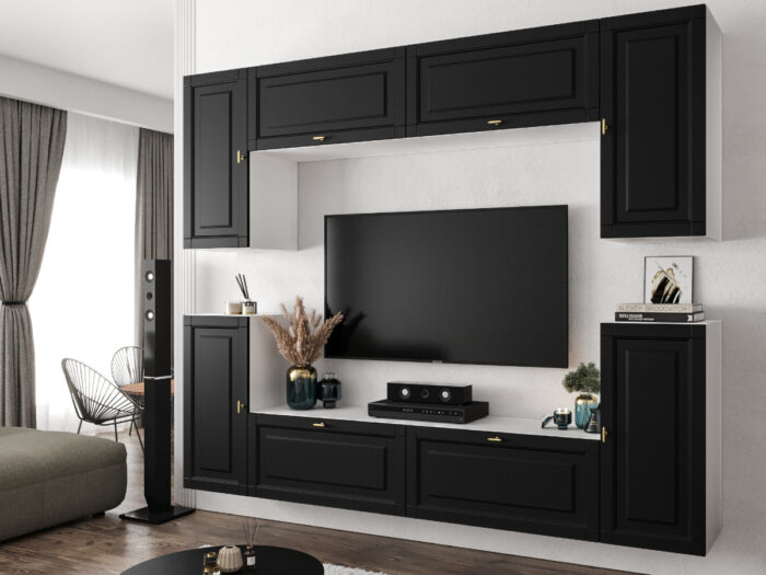 Nowoczesna Meblościanka Modułowa Biało Czarna Zestaw Szafek RTV Do Salonu 220X180X35 CM + Fronty Frezowane Malowane MDF 18 MM + Wybór Wzorów LUIZJANA