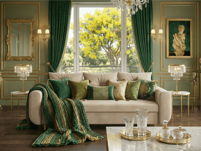 Ujęcie przodem w luksusowej aranżacji Beżowa Sofa Rozkładana 242 CM PRESTON