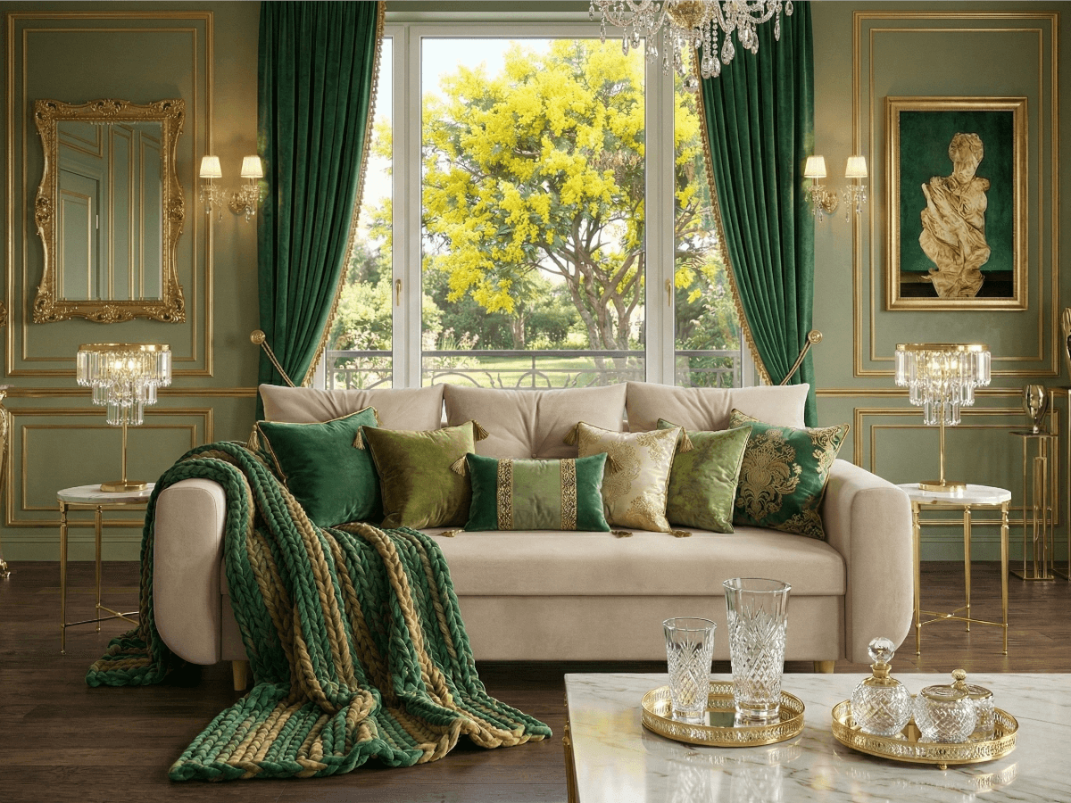 kadr-przodem-bezowa-sofa-rozkladana-242-cm-PRESTON Ujęcie przodem w luksusowej aranżacji Beżowa Sofa Rozkładana 242 CM PRESTON