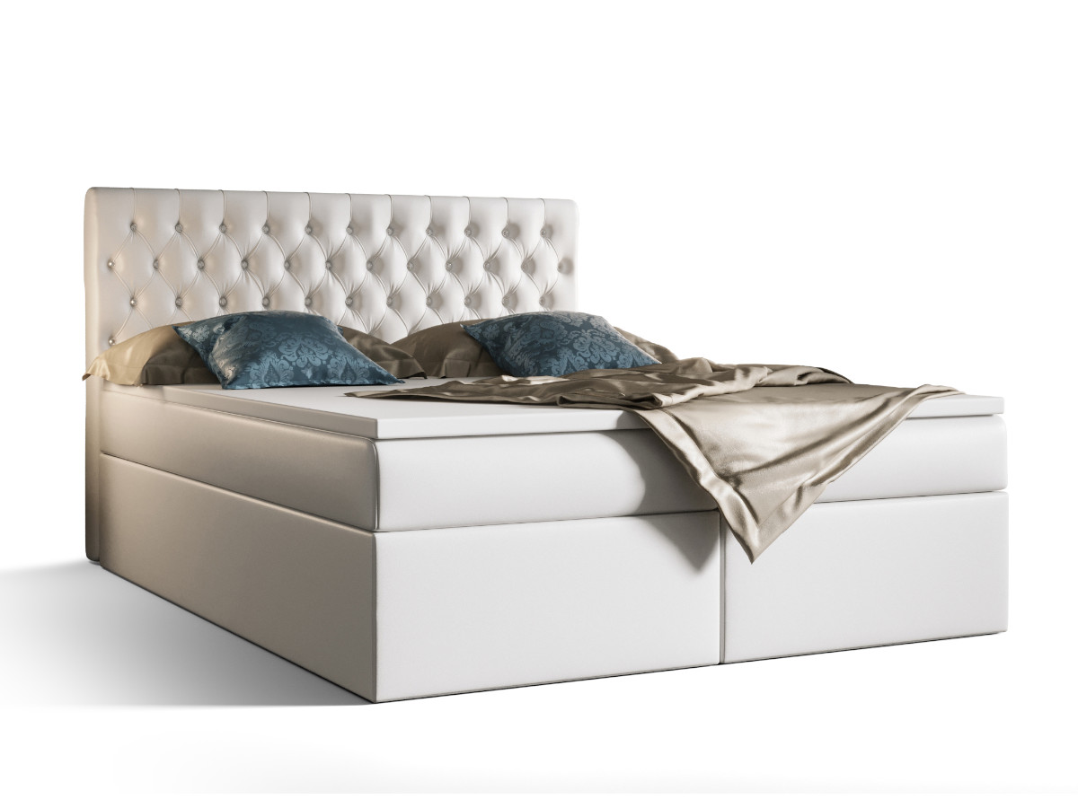 lozko-kontynentalne-boxspring-140x200-160x200-180x200-oparcie-z-krysztalkami-pikowane-wygodne-loze-z-materacem-toperem-VERA-biale-skorzane (2) Łóżko Boxspring Z Kryształkami 160x200 Kontynentalne + 2 Pojemniki Na Pościel + 2 Materace Bonell - Wybór Kolorów - VERA