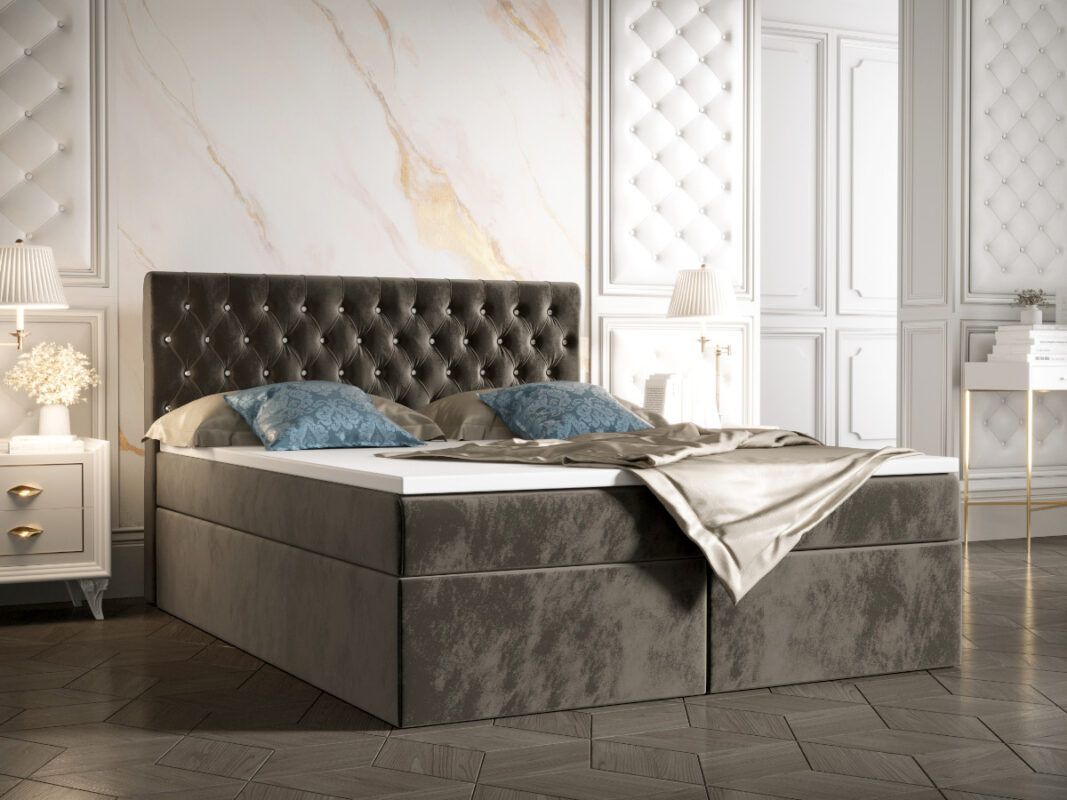 Łóżko Boxspring Z Kryształkami 180x200 Kontynentalne + 2 Pojemniki Na Pościel + 2 Materace Bonell - Wybór Kolorów - VERA
