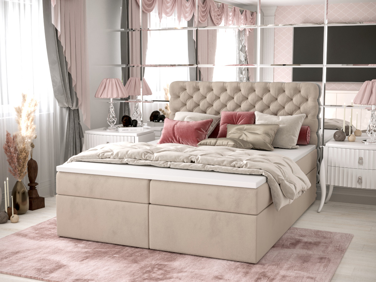 Pikowane Łóżko Kontynentalne 140x200 Styl Chesterfield + 2 Pojemniki Na Pościel + 2 Materace Bonell - Wybór Kolorów - SEMPRE