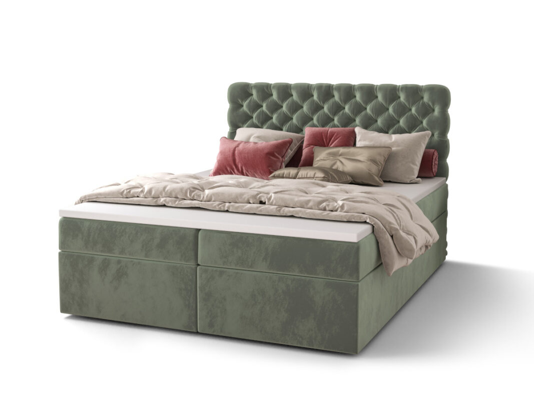 Pikowane Łóżko Kontynentalne 160x200 Styl Chesterfield + 2 Pojemniki Na Pościel + 2 Materace Bonell - Wybór Kolorów - SEMPRE