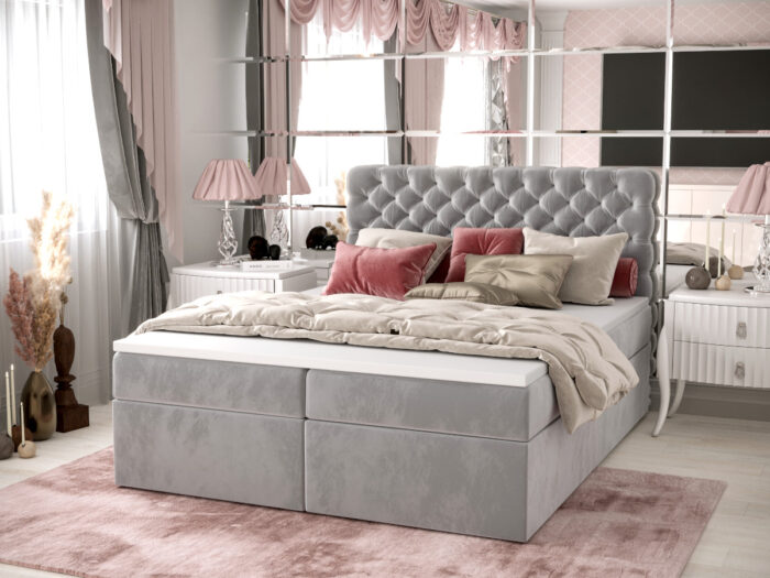 Pikowane Łóżko Kontynentalne 180x200 Styl Chesterfield + 2 Pojemniki Na Pościel + 2 Materace Bonell - Wybór Kolorów - SEMPRE