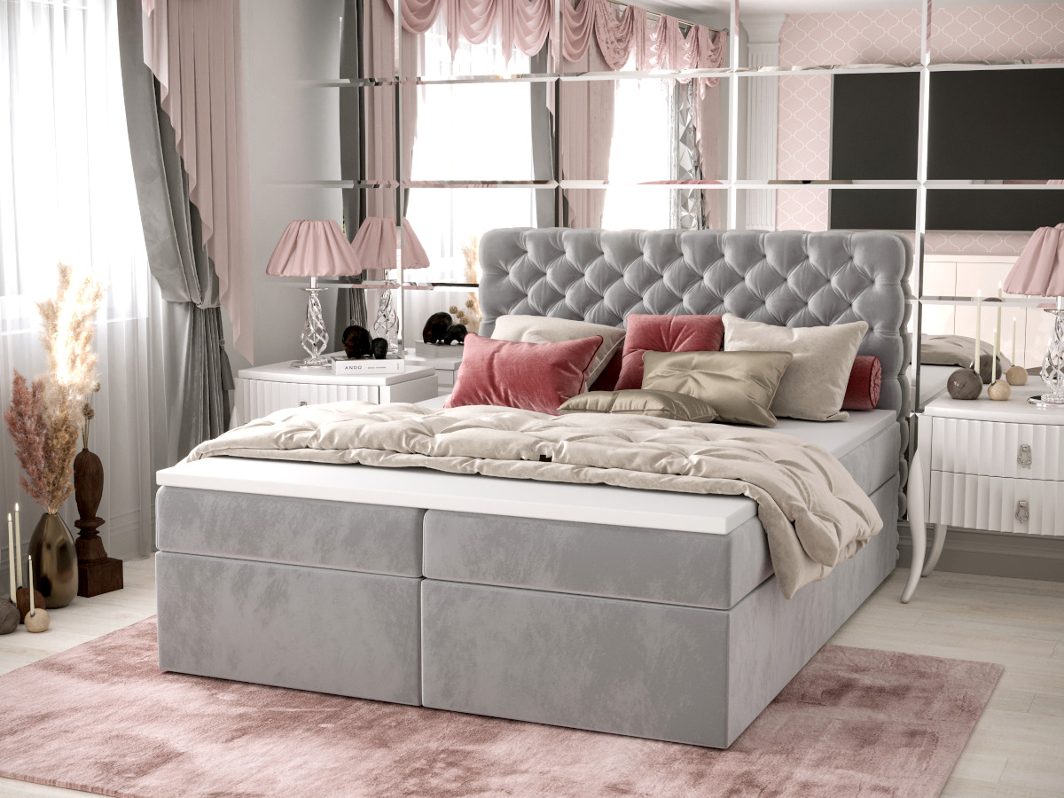 Pikowane Łóżko Kontynentalne 180x200 Styl Chesterfield + 2 Pojemniki Na Pościel + 2 Materace Bonell - Wybór Kolorów - SEMPRE