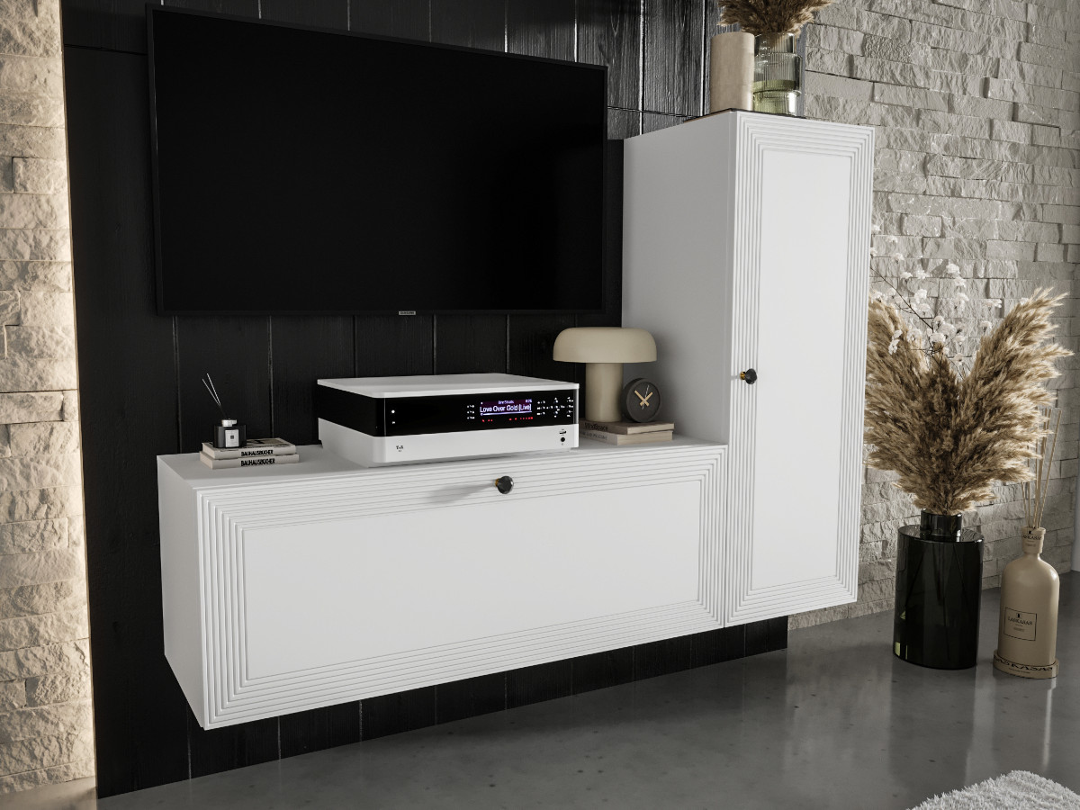 mala-mebloscianka-130-biala-czarna-lakierowana-frezowana-mdf-designerskie-meble-modulowe-MERIDA Mała Meblościanka RTV 130 CM - Białe Szafki Modułowe Wiszące + Fronty Frezowane Lakierowane + Cichy Domyk + Wybór Wzorów MERIDA