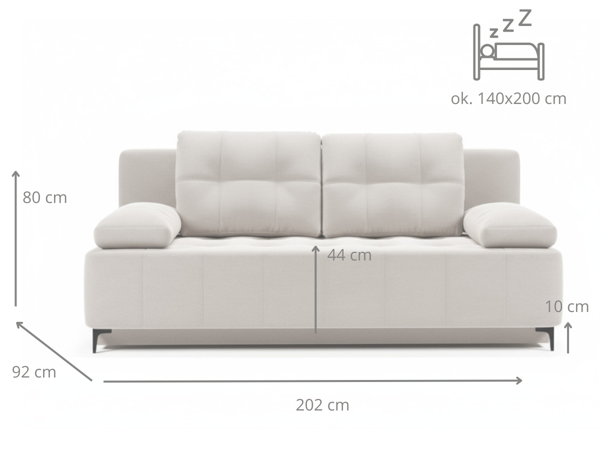 Kanapa Rozkładana 202 CM 3-Osobowa Sofa Młodzieżowa Bez Boków Wolnostojąca Na Sprężynach Bonellowych + Wybór Kolorów - VIKKA