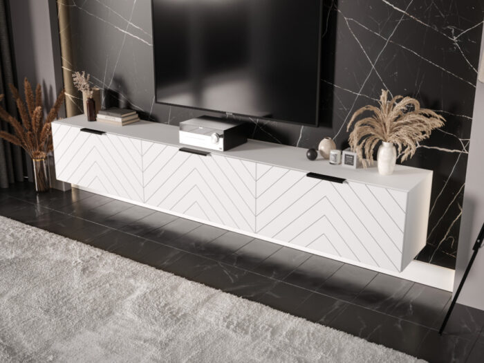 Białe Meble RTV 225 CM - Nowoczesna Meblościanka - Szafki Modułowe Wiszące + Fronty Frezowane Jodełki MDF 18 MM + Cichy Domyk MONACO