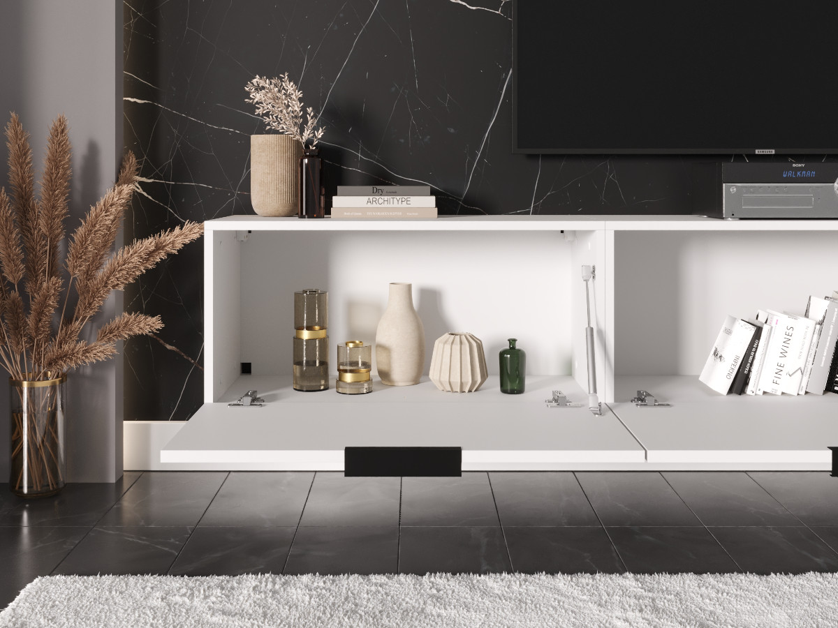 Białe Meble RTV 225 CM - Nowoczesna Meblościanka - Szafki Modułowe Wiszące + Fronty Frezowane Jodełki MDF 18 MM + Cichy Domyk MONACO
