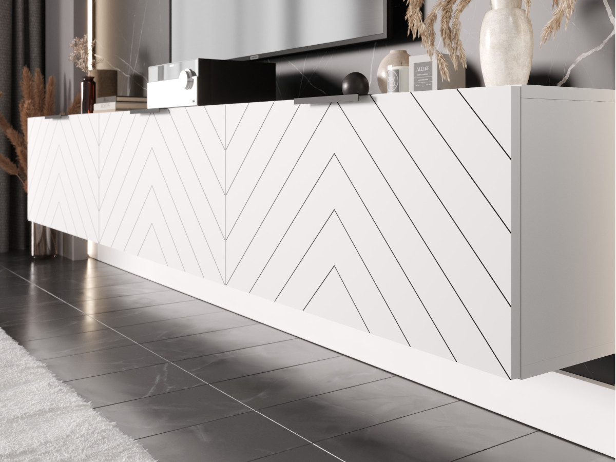 meble-rtv-225-biale-dab-dziki-wzor-jodelki-szafki-wiszace-systemowe-modulowe-MONACO-b Białe Meble RTV 225 CM - Nowoczesna Meblościanka - Szafki Modułowe Wiszące + Fronty Frezowane Jodełki MDF 18 MM + Cichy Domyk MONACO