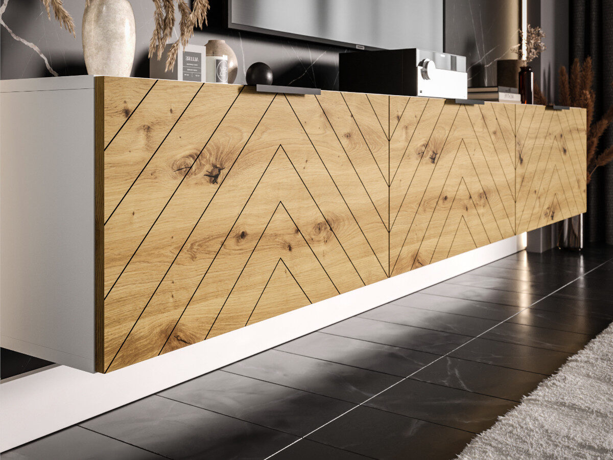 meble-rtv-225-biale-dab-dziki-wzor-jodelki-szafki-wiszace-systemowe-modulowe-MONACO-c Meble RTV 225 CM - Dąb Dziki + Biały - Nowoczesna Meblościanka - Szafki Modułowe Wiszące + Fronty Frezowane Jodełki MDF 18 MM + Cichy Domyk MONACO