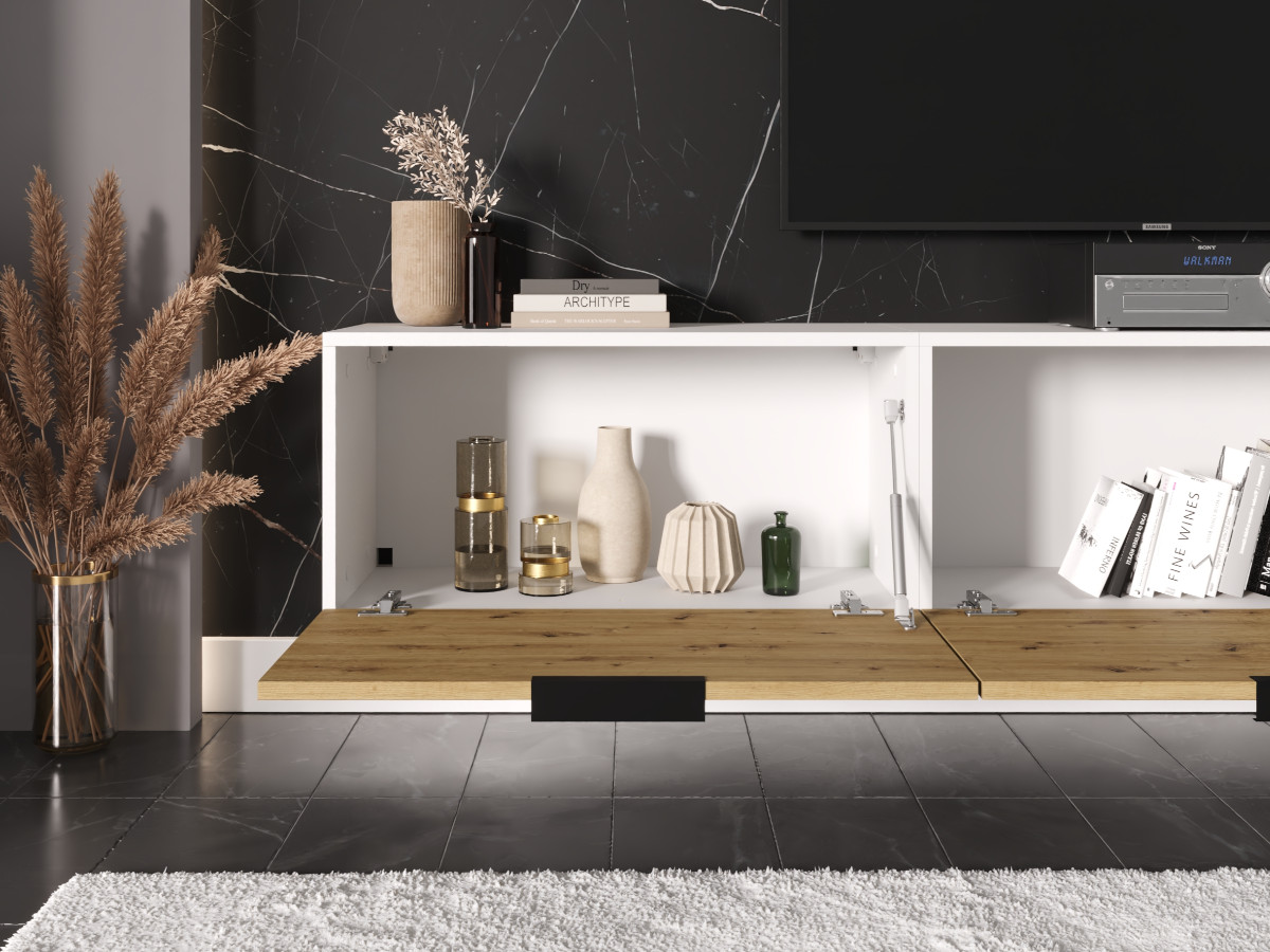 Meble RTV 225 CM - Dąb Dziki + Biały - Nowoczesna Meblościanka - Szafki Modułowe Wiszące + Fronty Frezowane Jodełki MDF 18 MM + Cichy Domyk MONACO
