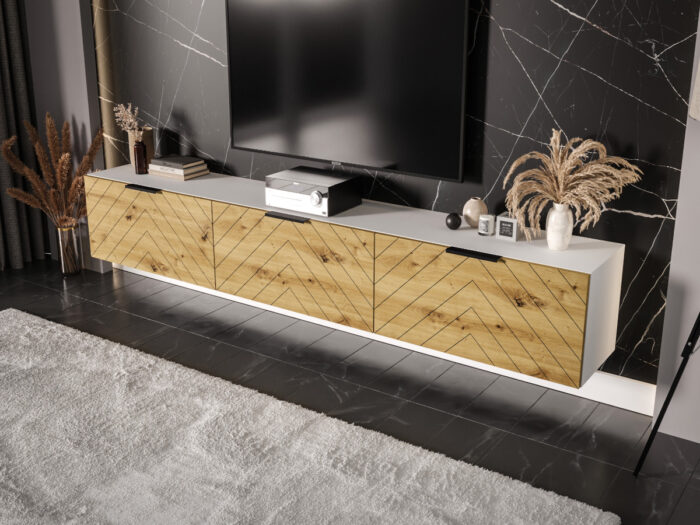 Meble RTV 225 CM - Dąb Dziki + Biały - Nowoczesna Meblościanka - Szafki Modułowe Wiszące + Fronty Frezowane Jodełki MDF 18 MM + Cichy Domyk MONACO