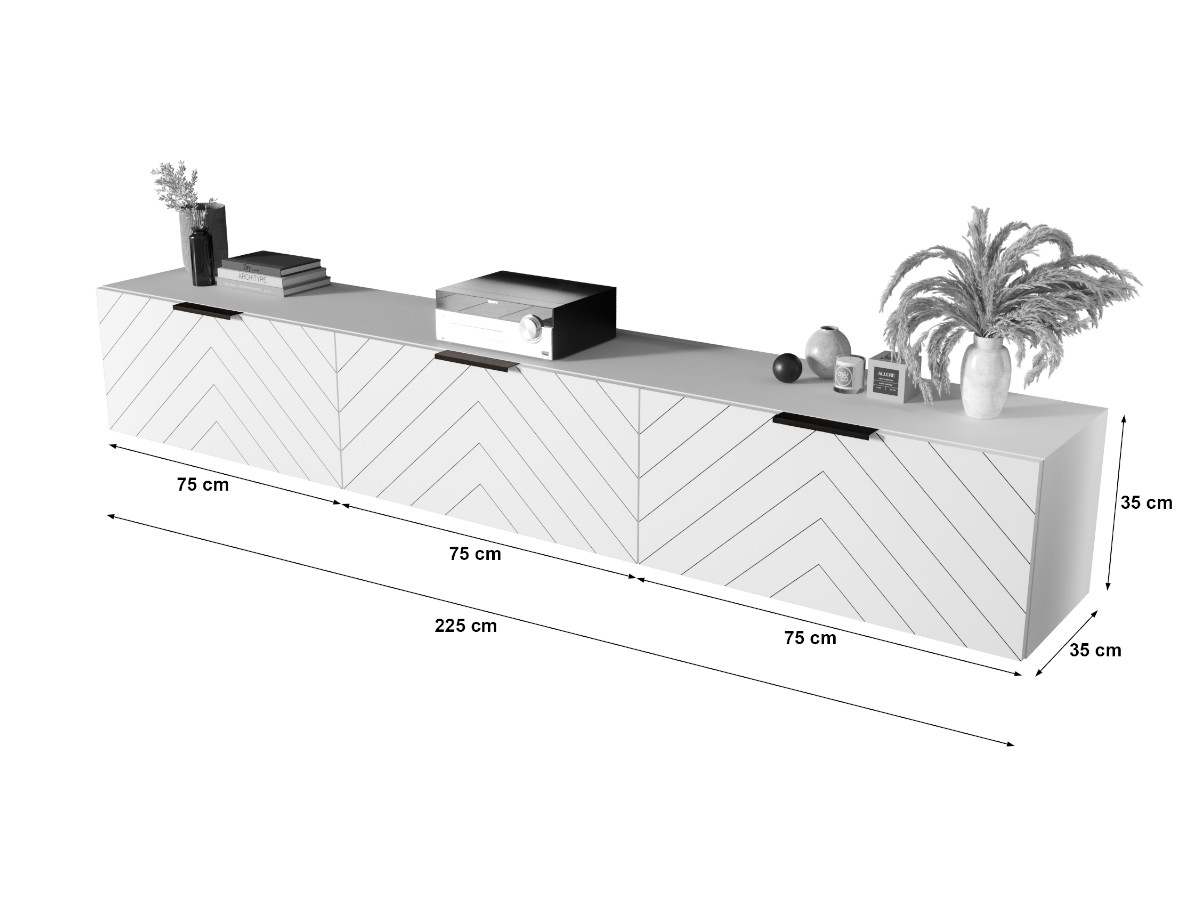 Białe Meble RTV 225 CM - Nowoczesna Meblościanka - Szafki Modułowe Wiszące + Fronty Frezowane Jodełki MDF 18 MM + Cichy Domyk MONACO