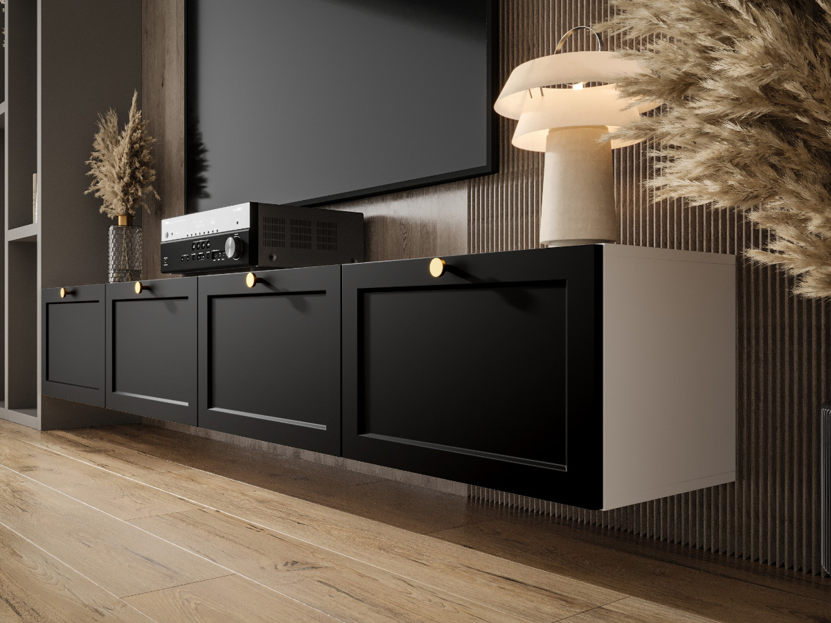 mebloscianka-220-biala-czarna-lakierowana-frezowana-mdf-designerskie-meble-modulowe-zestaw-rtv-wiszacy-OSLO-a Designerska Meblościanka RTV 220 CM - Biały Zestaw Szafek Modułowych Wiszących + Fronty Frezowane Lakierowane + Wybór Wzorów OSLO
