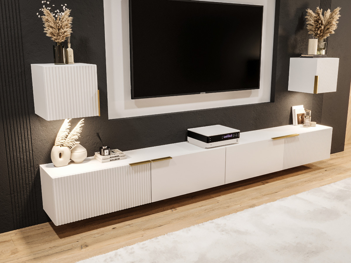 mebloscianka-300-z-lamelami-biala-czarna-lakierowana-frezowana-mdf-designerskie-meble-modulowe-zestaw-rtv-wiszacy-TOKYO-b Nowoczesna Meblościanka RTV 300 CM Z Lamelami - Szafki Modułowe Wiszące - Zestaw Mebli Salonowych + Fronty Frezowane Lakierowane MDF 18 MM + Wybór Wzorów TOKYO