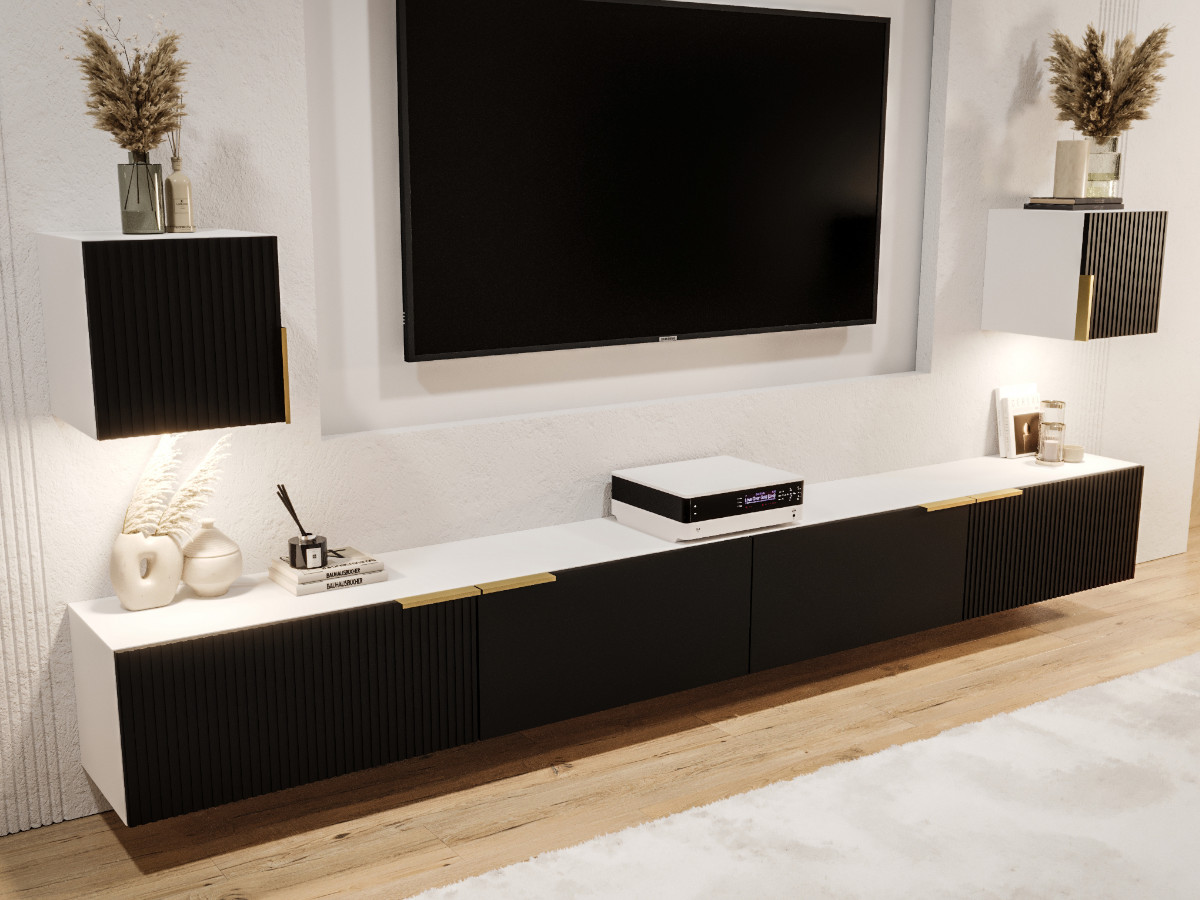 mebloscianka-300-z-lamelami-biala-czarna-lakierowana-frezowana-mdf-designerskie-meble-modulowe-zestaw-rtv-wiszacy-TOKYO-c Nowoczesna Meblościanka RTV 300 CM Z Lamelami - Szafki Modułowe Wiszące - Zestaw Mebli Salonowych + Fronty Frezowane Lakierowane MDF 18 MM + Wybór Wzorów TOKYO