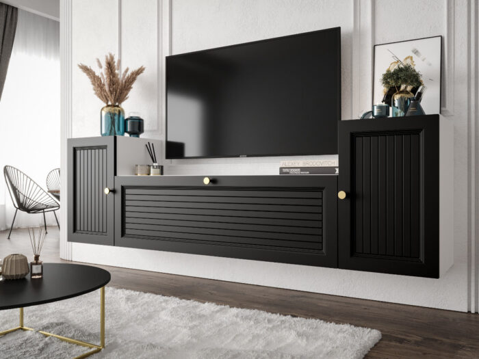 Nowoczesna Meblościanka Do Salonu 185X55X35 CM + Cichy Domyk + Fronty Frezowane Malowane MDF 18 MM MAROKO