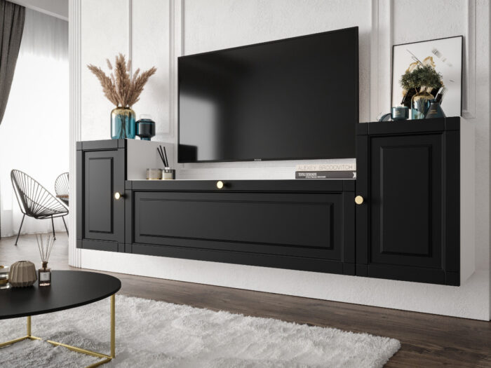 Nowoczesna Meblościanka Do Salonu 185X55X35 CM + Cichy Domyk + Fronty Frezowane Malowane MDF 18 MM MAROKO