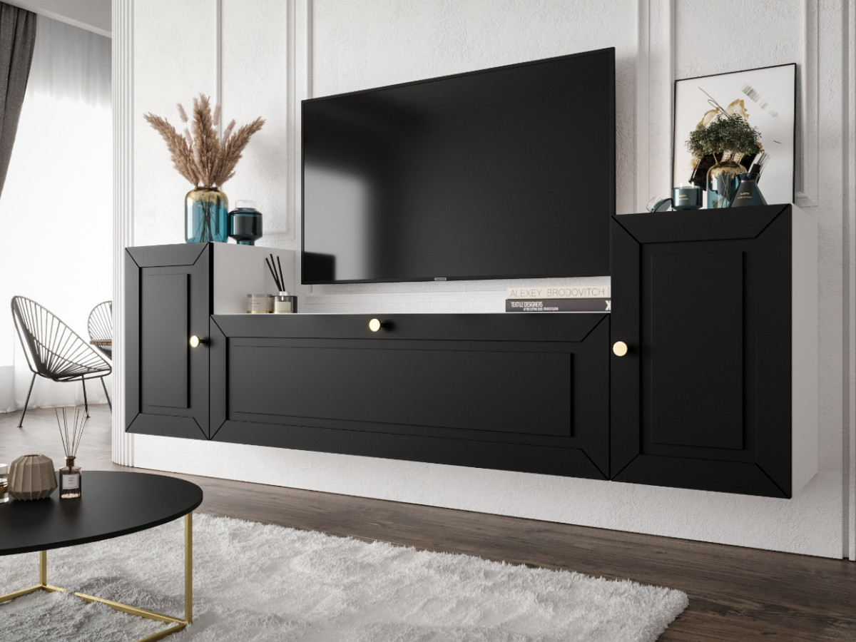mebloscianka-biala-czarna-do-salonu-nowoczesna-stylowa-modulowe-meble-frezowane-fronty-mdf-MAROKO-4-a Nowoczesna Meblościanka Do Salonu 185X55X35 CM + Cichy Domyk + Fronty Frezowane Malowane MDF 18 MM MAROKO