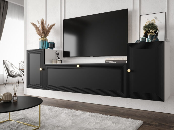 Nowoczesna Meblościanka Do Salonu 185X55X35 CM + Cichy Domyk + Fronty Frezowane Malowane MDF 18 MM MAROKO