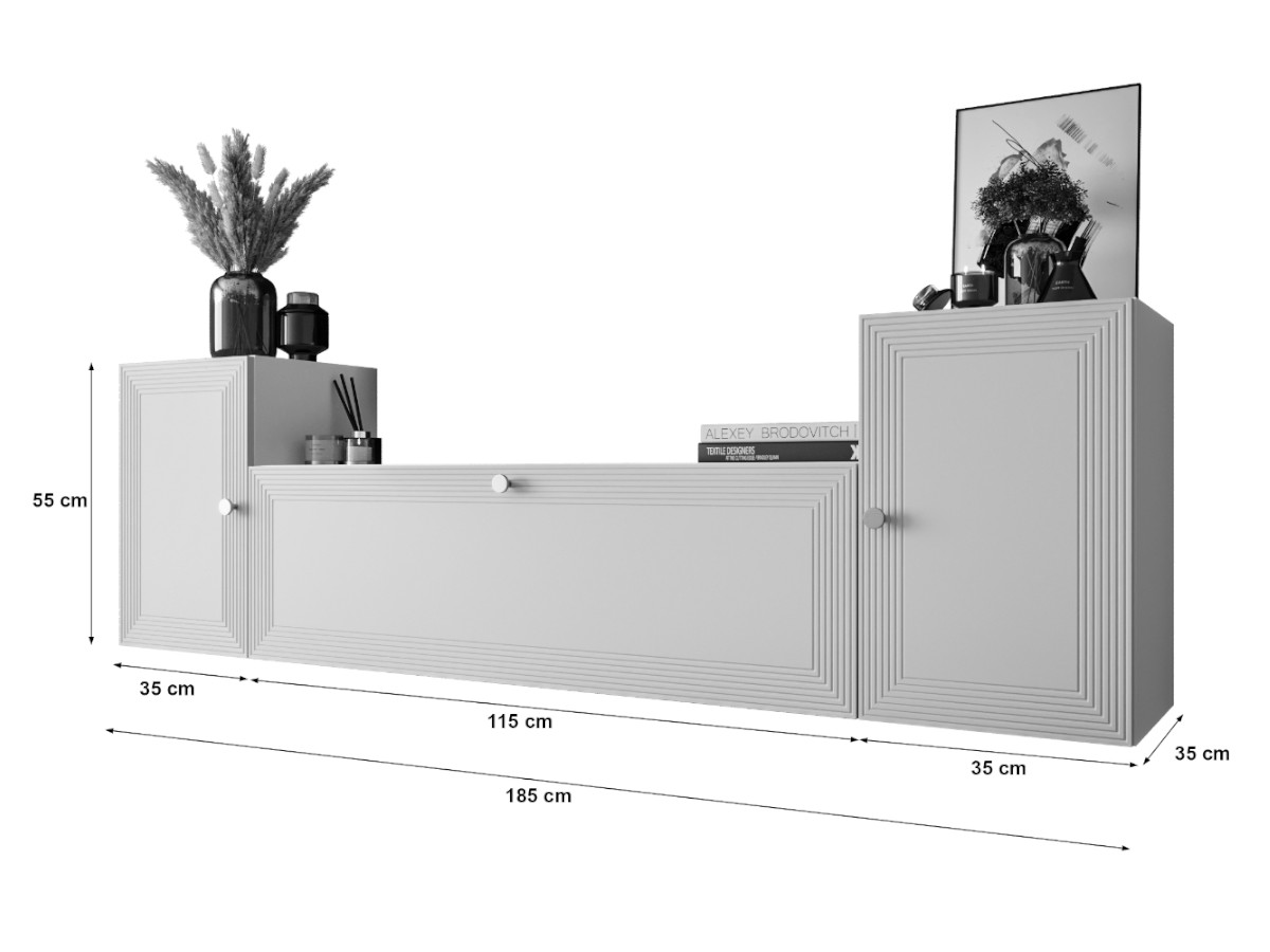 Meblościanka Do Salonu 185X55X35 CM + Cichy Domyk + Fronty Frezowane Malowane MDF 18 MM MAROKO