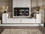 Meblościanka Biała RTV Zestaw Szafek Do Salonu 300X75X35 CM + Fronty Frezowane Malowane MDF 18 MM BOSTON