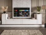 Meblościanka Biała RTV Zestaw Szafek Do Salonu 300X75X35 CM + Fronty Frezowane Malowane MDF 18 MM BOSTON