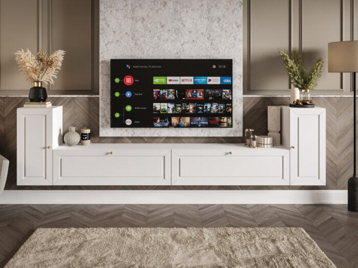 Meblościanka Biała RTV Zestaw Szafek Do Salonu 300X75X35 CM + Fronty Frezowane Malowane MDF 18 MM BOSTON