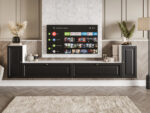 Nowoczesne Meble RTV - Meblościanka Biało Czarna Zestaw Szafek Do Salonu 300X75X35 CM + Fronty Frezowane Malowane MDF 18 MM BOSTON