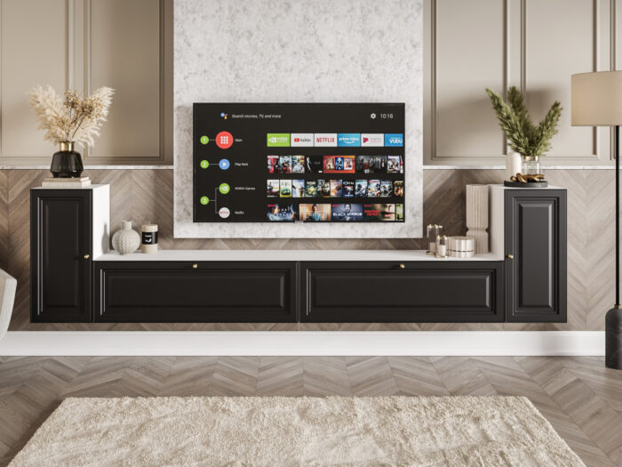 Nowoczesne Meble RTV - Meblościanka Biało Czarna Zestaw Szafek Do Salonu 300X75X35 CM + Fronty Frezowane Malowane MDF 18 MM BOSTON