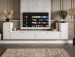 Meblościanka Biała RTV Zestaw Szafek Do Salonu 300X75X35 CM + Fronty Frezowane Malowane MDF 18 MM BOSTON