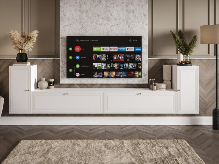 Meblościanka Biała RTV Zestaw Szafek Do Salonu 300X75X35 CM + Fronty Frezowane Malowane MDF 18 MM BOSTON