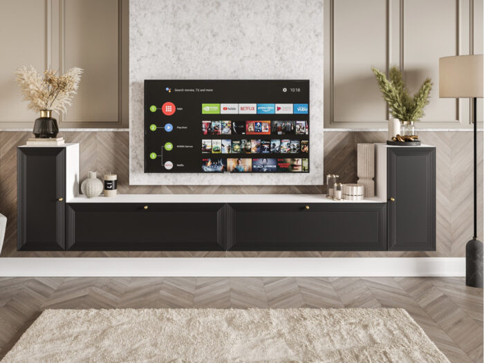 Nowoczesne Meble RTV - Meblościanka Biało Czarna Zestaw Szafek Do Salonu 300X75X35 CM + Fronty Frezowane Malowane MDF 18 MM BOSTON