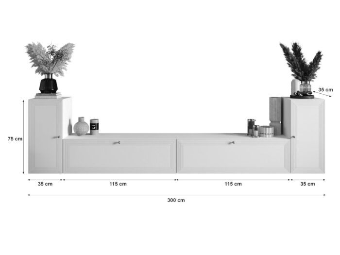 Meblościanka Biała RTV Zestaw Szafek Do Salonu 300X75X35 CM + Fronty Frezowane Malowane MDF 18 MM BOSTON
