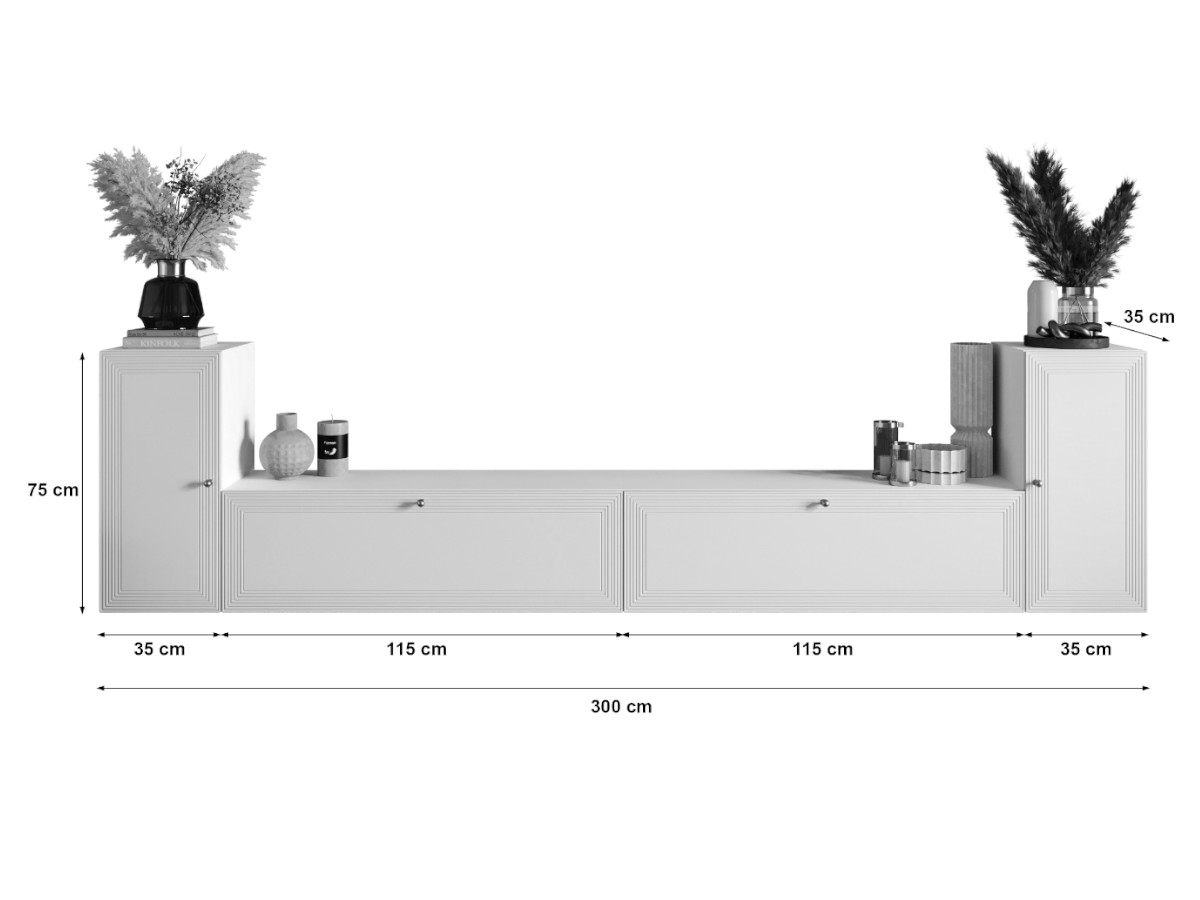 Meblościanka Biała RTV Zestaw Szafek Do Salonu 300X75X35 CM + Fronty Frezowane Malowane MDF 18 MM BOSTON