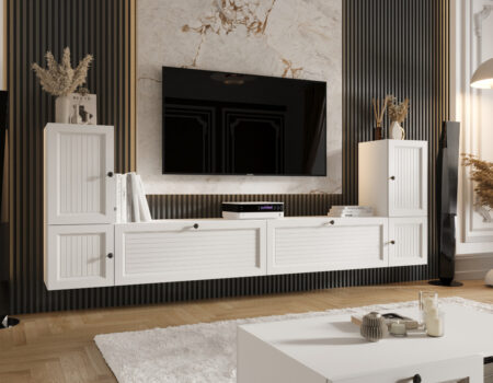 Meblościanka Biała Do Salonu 260X90X35 CM + Fronty Frezowane Malowane MDF 18 MM ARIZONA