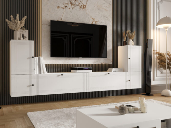 Meblościanka Biała Do Salonu 260X90X35 CM + Fronty Frezowane Malowane MDF 18 MM ARIZONA