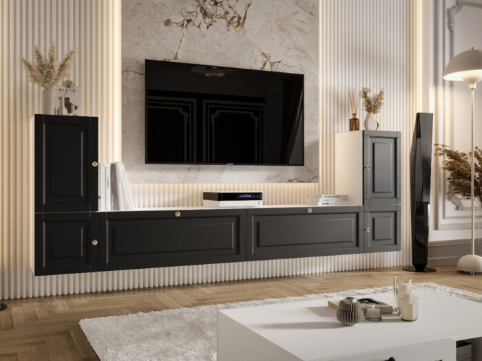 Meblościanka Biało Czarna Do Salonu 260X90X35 CM + Fronty Frezowane Malowane MDF 18 MM ARIZONA