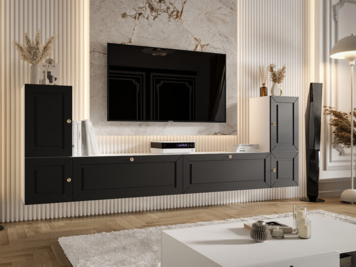 Meblościanka Biało Czarna Do Salonu 260X90X35 CM + Fronty Frezowane Malowane MDF 18 MM ARIZONA