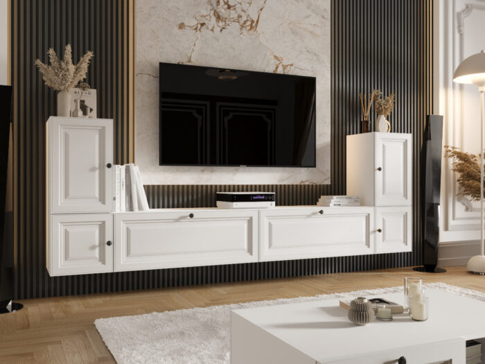Meblościanka Biała Do Salonu 260X90X35 CM + Fronty Frezowane Malowane MDF 18 MM ARIZONA